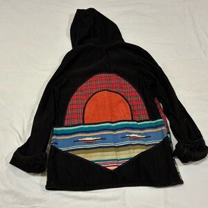 Artisan Patchwork‎ Corduroy Hooded Coat Women's L Boho Hippie Plaid Stripe